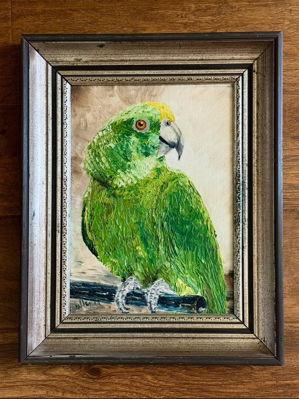Antique original framed green parrot oil painting
